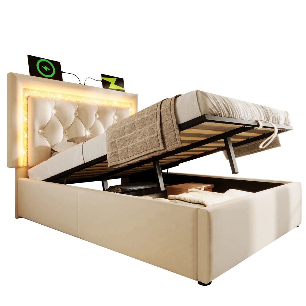 Letto imbottito 90x200 cm beige con LED, USB-C, vano contenitore e rete
