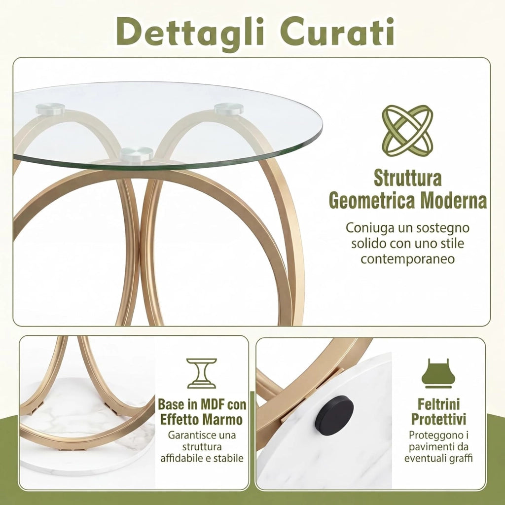 Tavolino da Caffè in Vetro Temperato, Tavolino Rotondo con Struttura in Metallo Dorato e Geometrico, Tavolino Moderno per Salotto, Camera, Cucina e Sala da Pranzo, Portata 30 KG