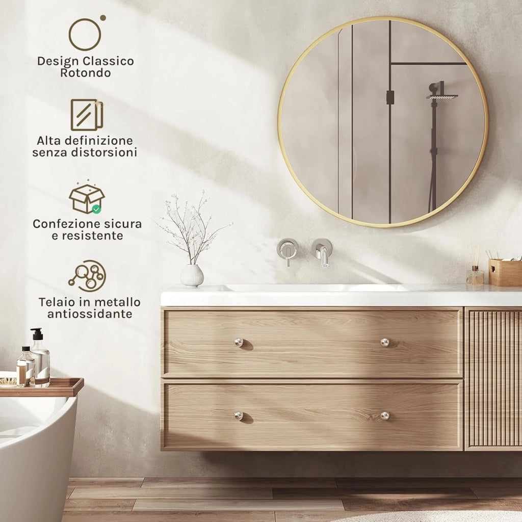 Specchio da Parete, Specchio Trucco,Cornice in Metallo Antiruggine, Decorativo per Bagno con Immagine Nitida, Ideale per Trucco e Arredamento Moderno, Specchio Bagno, Rotondo Nero 71cm