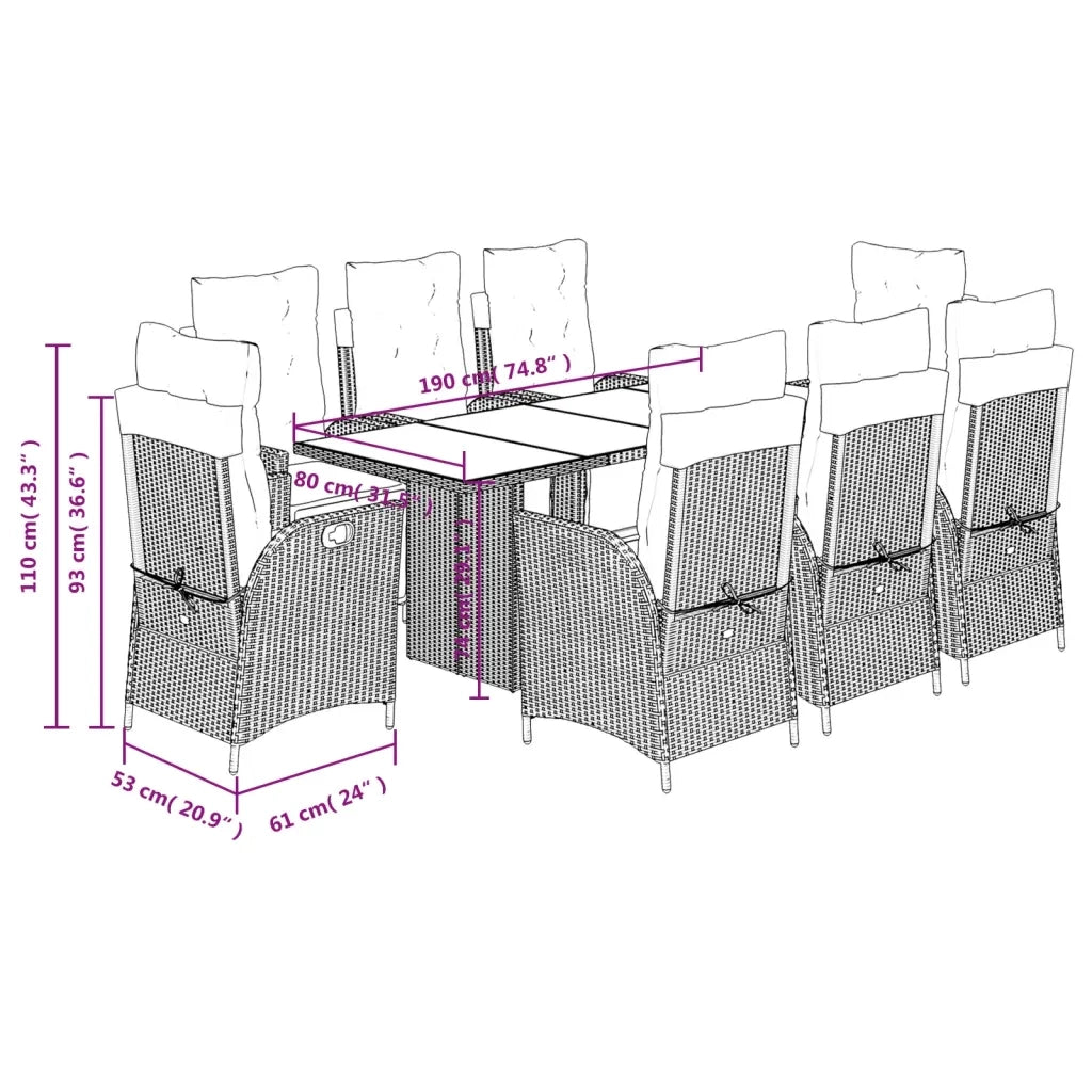 Set Pranzo da Giardino 9pz con Cuscini Grigio Chiaro Polyrattan