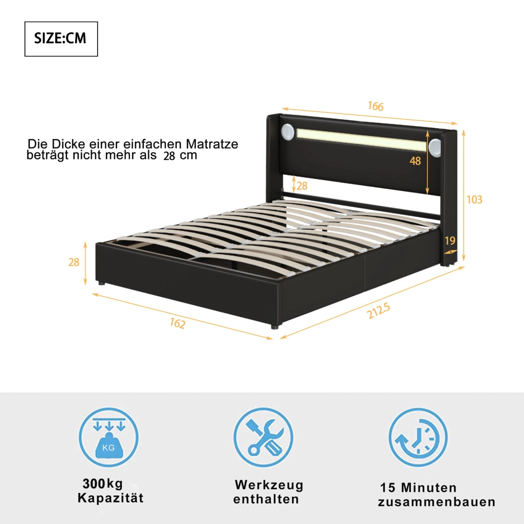 Letti contenitori 160x200 cm con LED; Bluetooth e USB; pelle PU nero (Senza materasso)