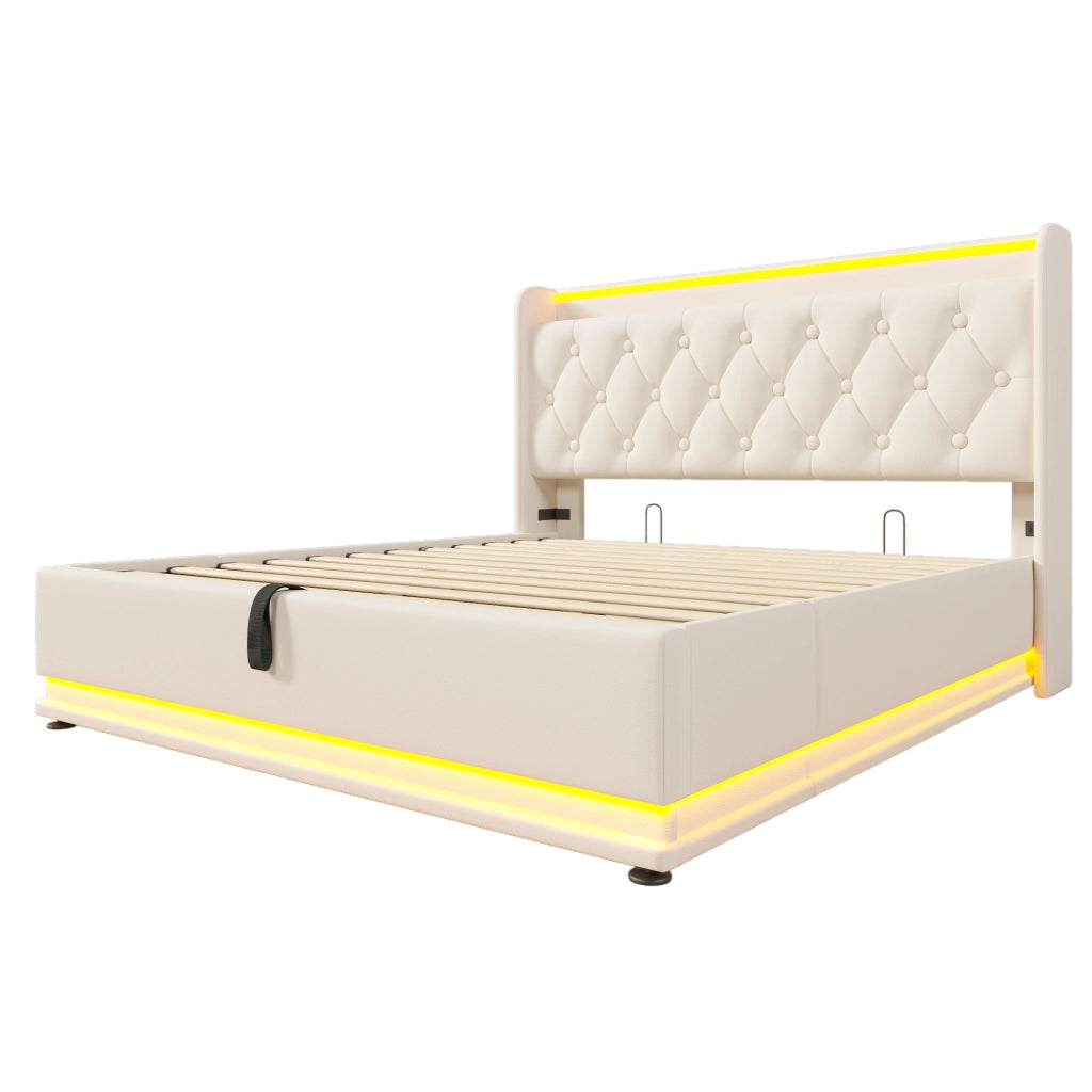 Letti contenitori 160x200 cm con LED 360°; USB e Tipo-C; PU bianco (Senza materasso)