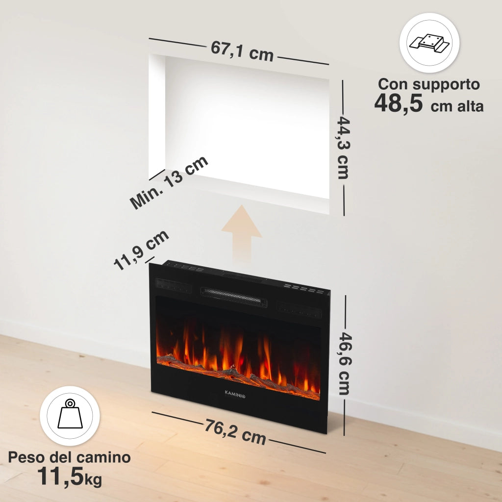 KAMINIO Camino elettrico MARLON - Camino elettrico 3 in 1 con riscaldatore, effetto fiamma 3D, 12 colori di fiamma, telecomando - 30 pollici