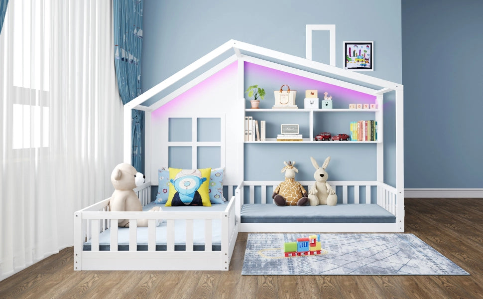 Letto per bambini a forma di casa con LED e scaffali, 90x200 cm, bianco