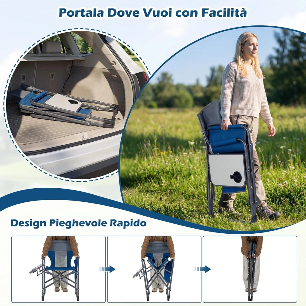 Sedia da Campeggio Pieghevole, Sedia da Regista con Tavolino Laterale, Portabicchieri e Tasca Portaoggetti, Portata 180 kg, Poltrona da Esterno per Spiaggia, Pesca e Picnic (Blu)
