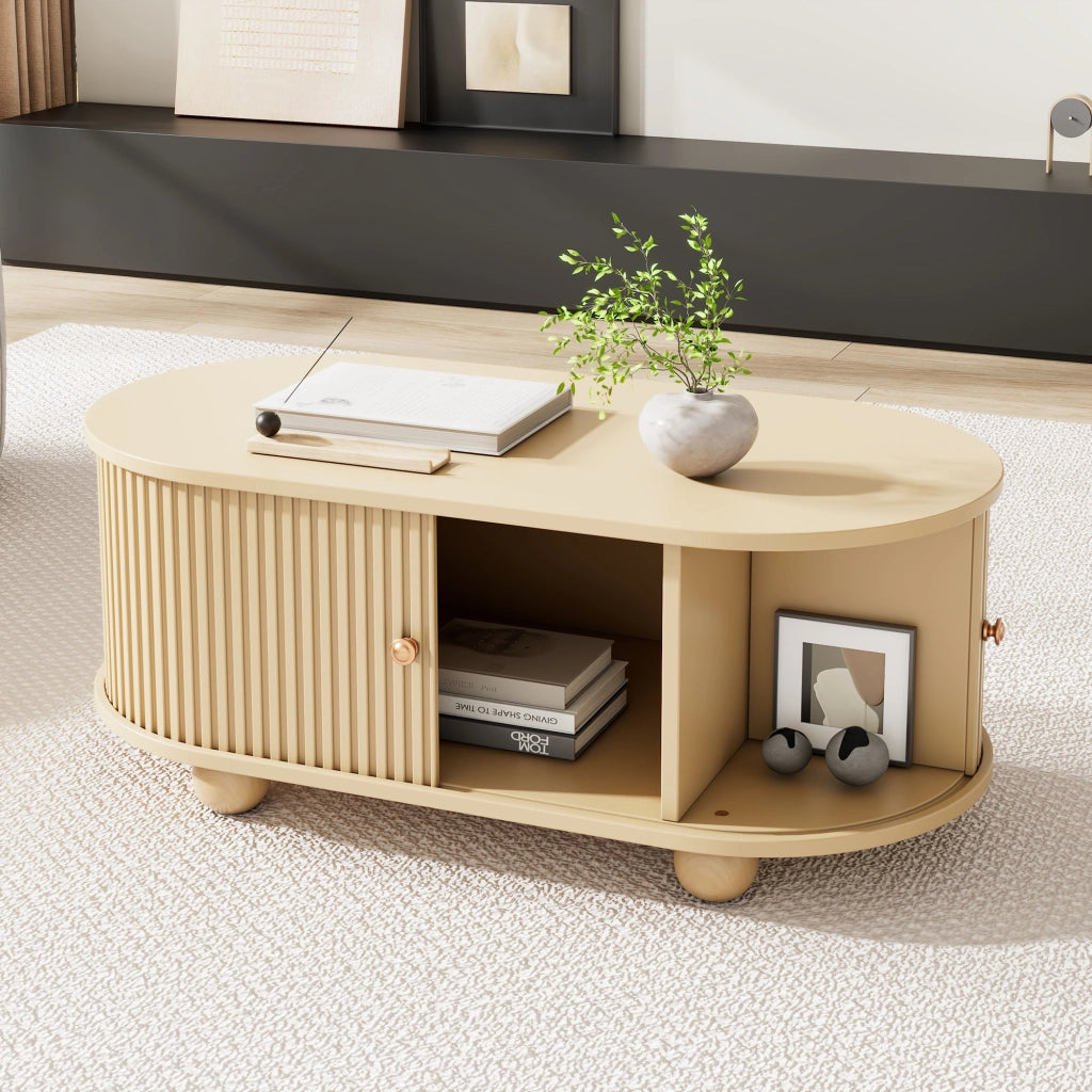 Tavolino da Salotto Ovale con 2 Ante Scorrevoli e Contenitore; Stile Industriale; in MDF; 100×50×40 cm; Legno