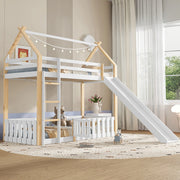Letto a castello-Xylo-90x200cm, tetto, scivolo, scala, bianco+naturale