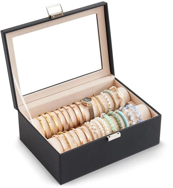 Organizzatore di Bracciali, Display di Bracciali Scatola Decorativa con Ruote per Bracciali Orazi, Copertura Transparente per Donne Ragazze - Nero