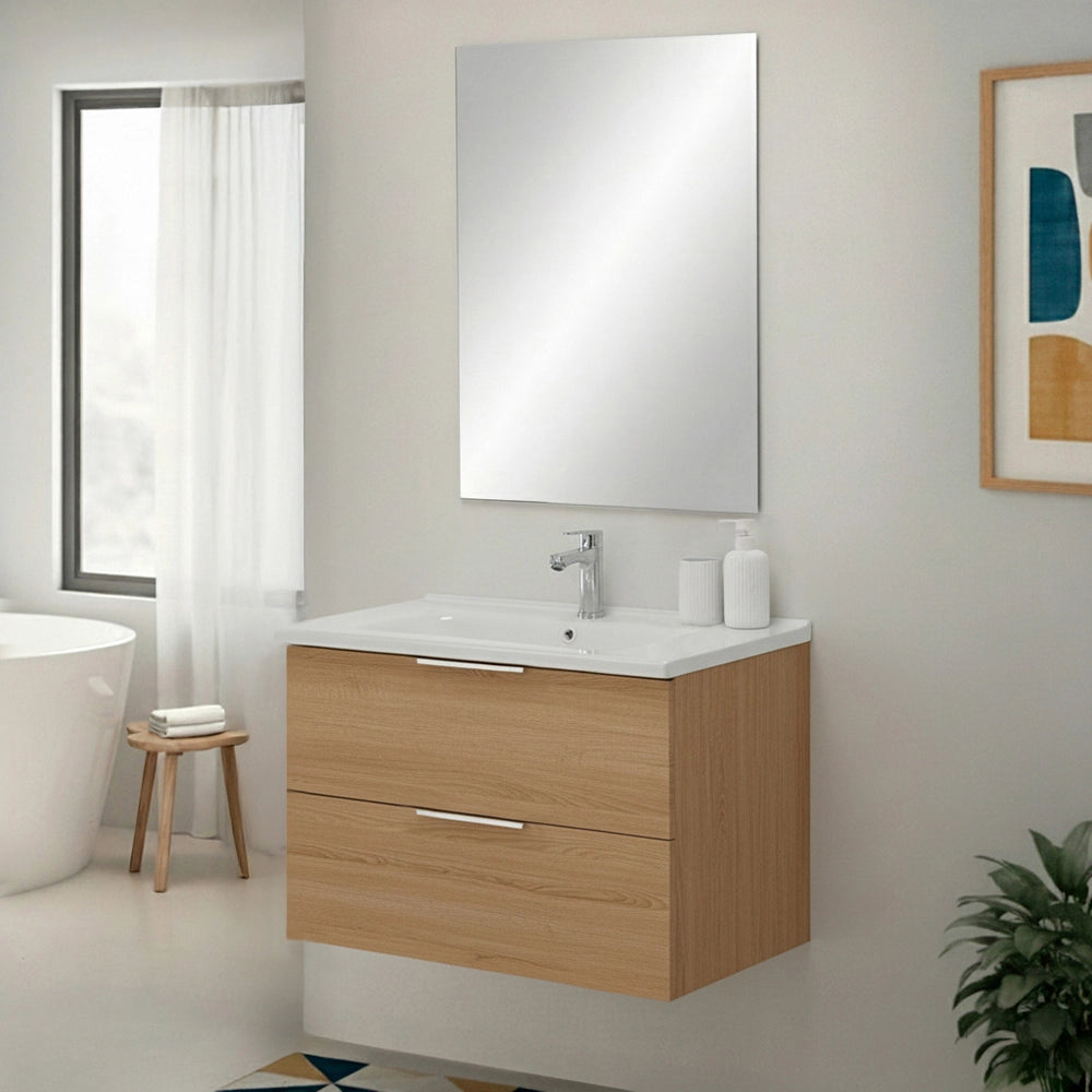 Mobile bagno sospeso 80cm rovere con cassetti lavabo e specchio Elva