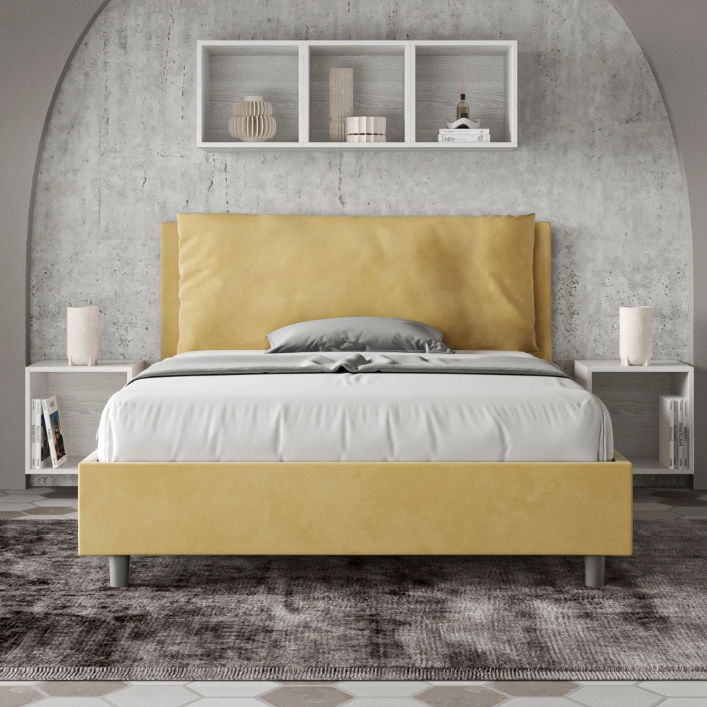 BS COM Letto matrimoniale francese con rete imbottito 140x200 microfibra ocra Large