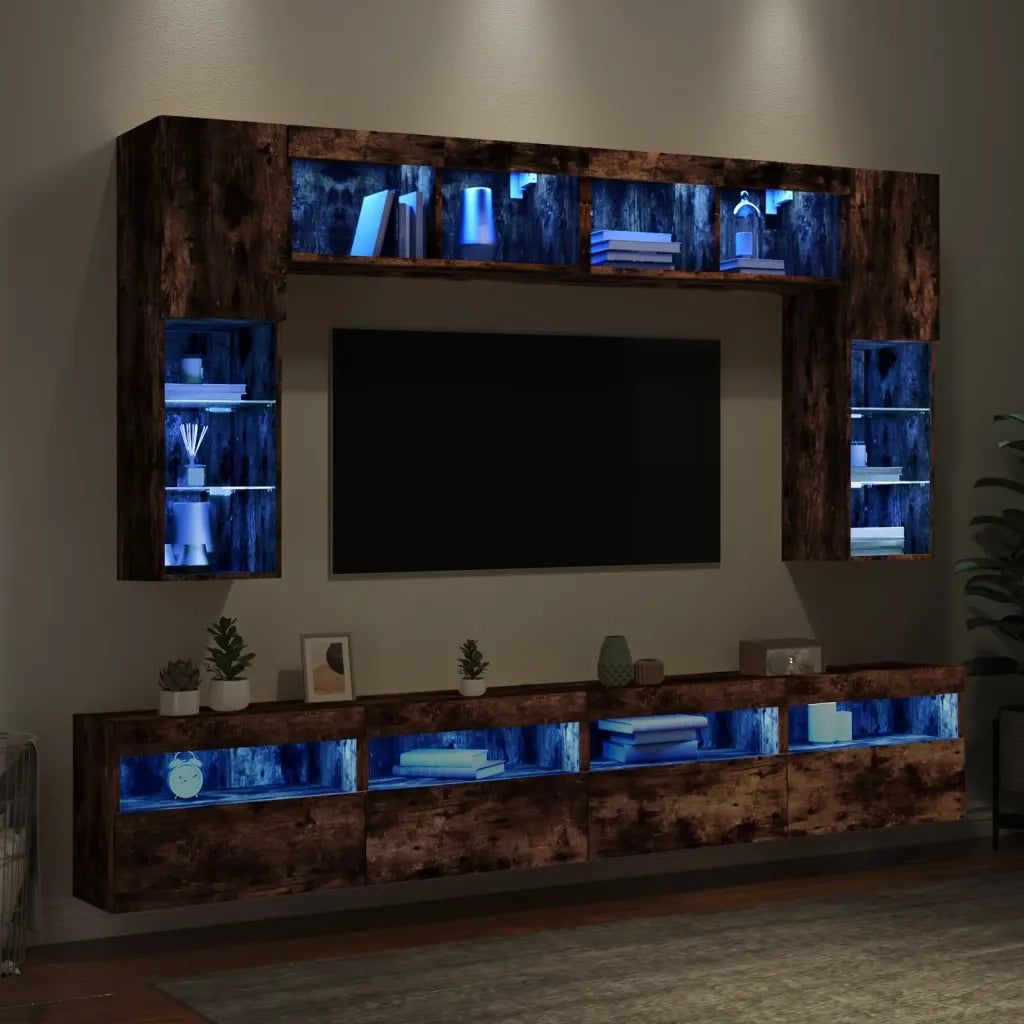 Set Mobili TV a Muro 8 pz con Luci LED Rovere Fumo