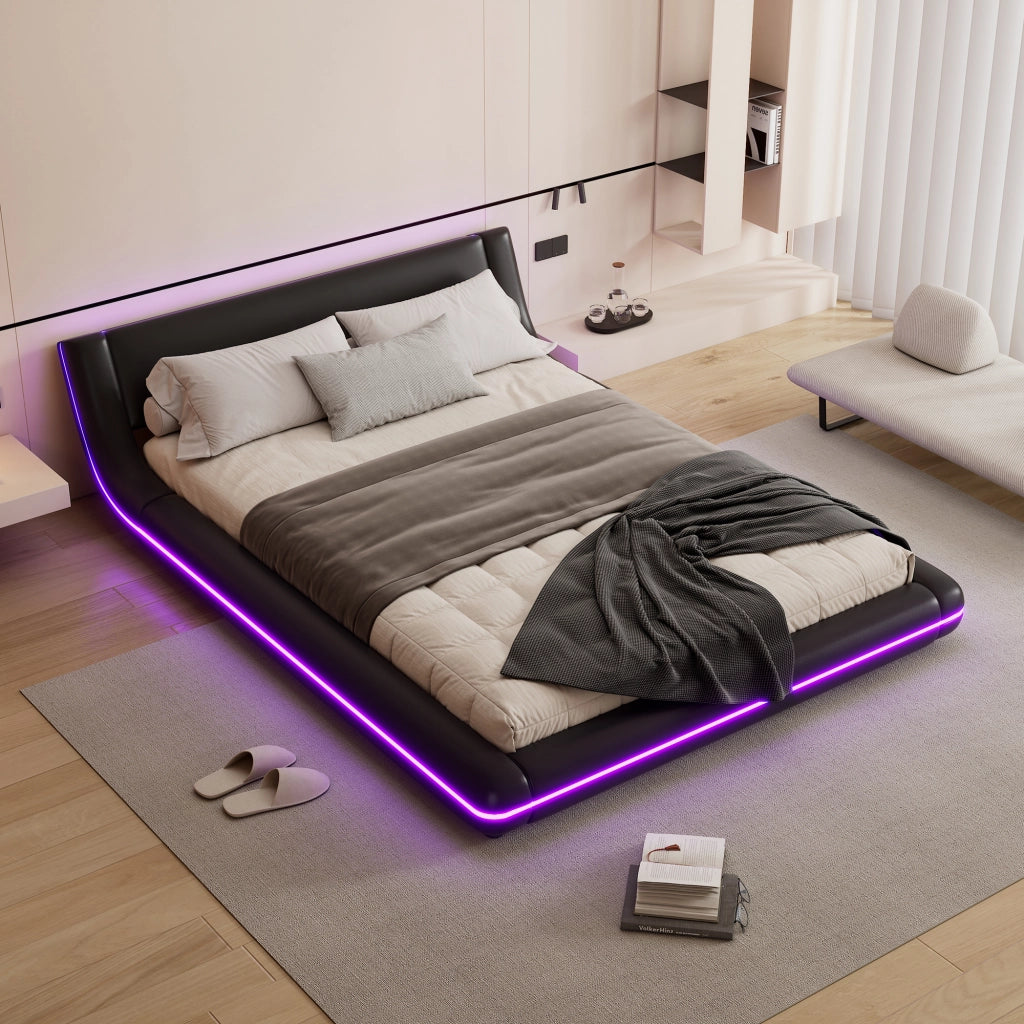 Letto Basso 140x200 cm; con LED Regolabile; in PU e MDF; Nero
