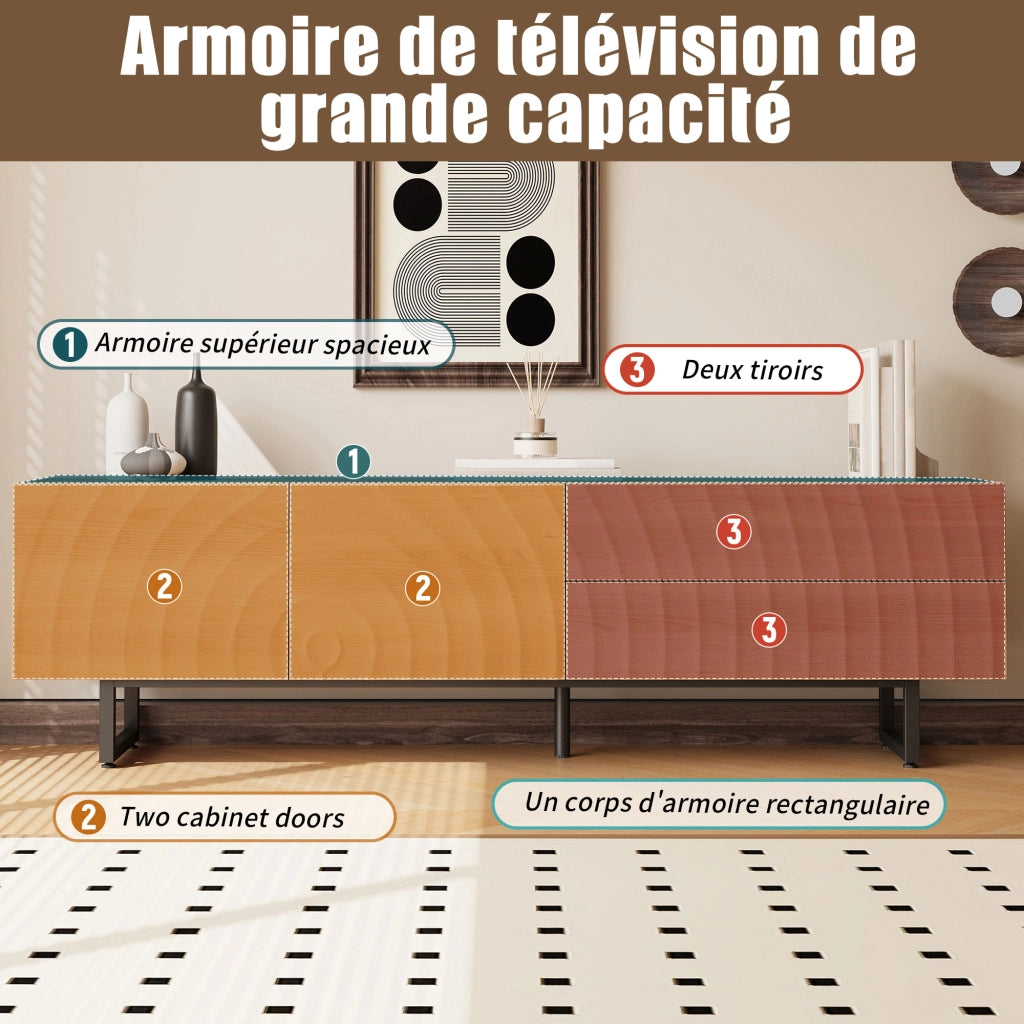 Mobile TV con 2 Ante e 2 Cassetti senza Maniglie; Passacavi; Stile Scandinavo; in Pannelli di Particelle; Naturale; 180??38??51;5 cm
