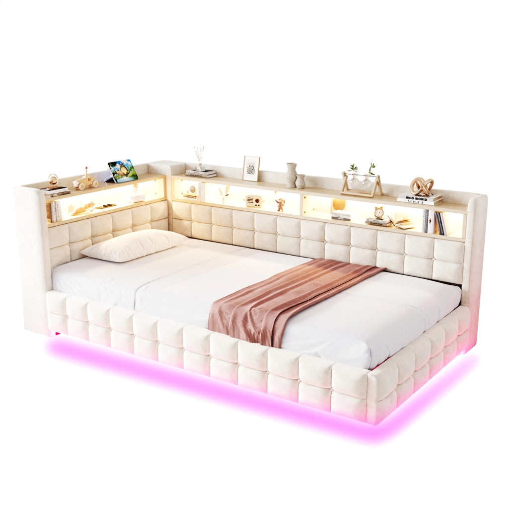 Letto imbottito 90x200 cm beige in velluto con contenitore, LED e prese