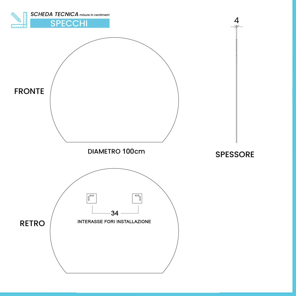 Specchio bagno a mezzaluna 100 cm a filo lucido con installazione a parete