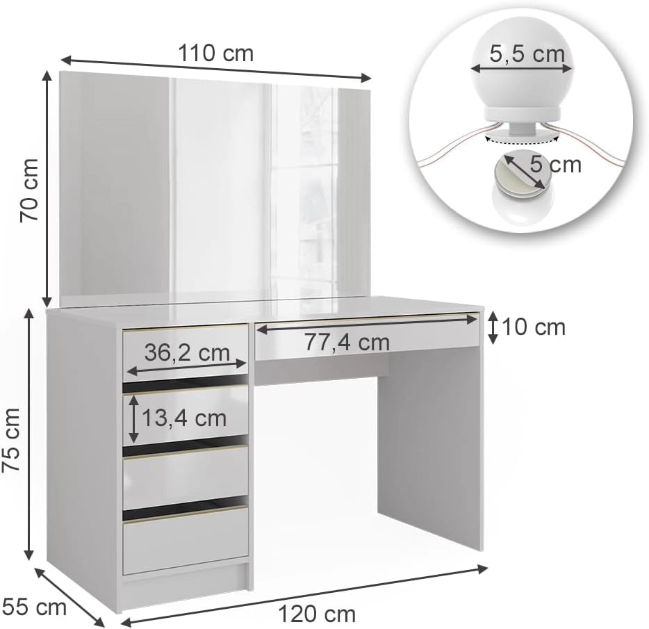 Tavolo da toilette Sherry, Bianco/Oro, 120 cm con illuminazione a LED, con illuminazione LED e grande specchio rettangolare