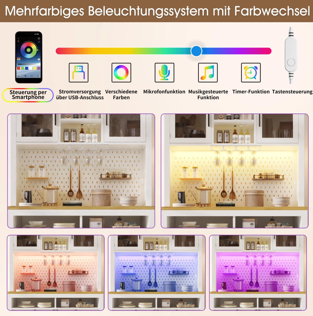Mobile alto da cucina con LED RGB, presa e USB, bianco