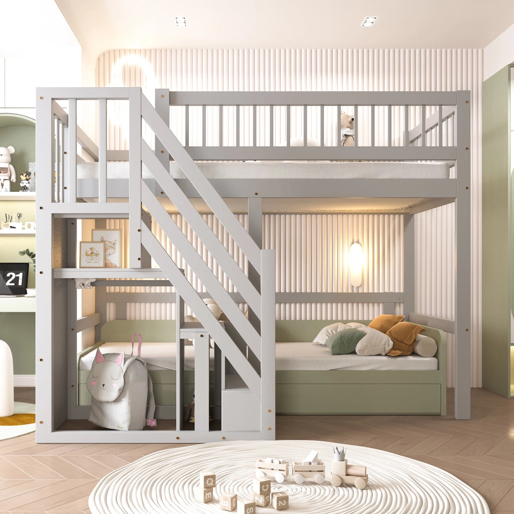 Letto singolo in legno massello grigio con scala contenitiva 90x200 cm