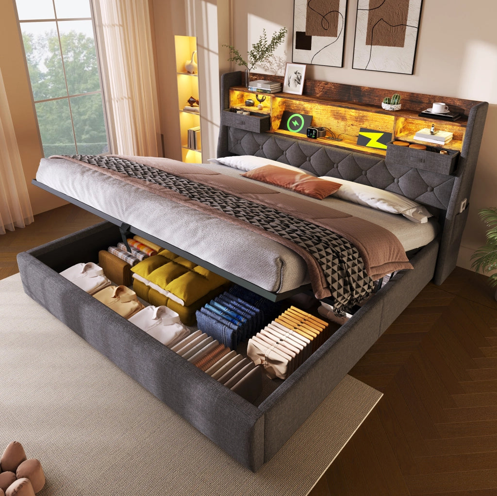 Letto imbottito 140x190 cm con contenitore idraulico, LED e USB