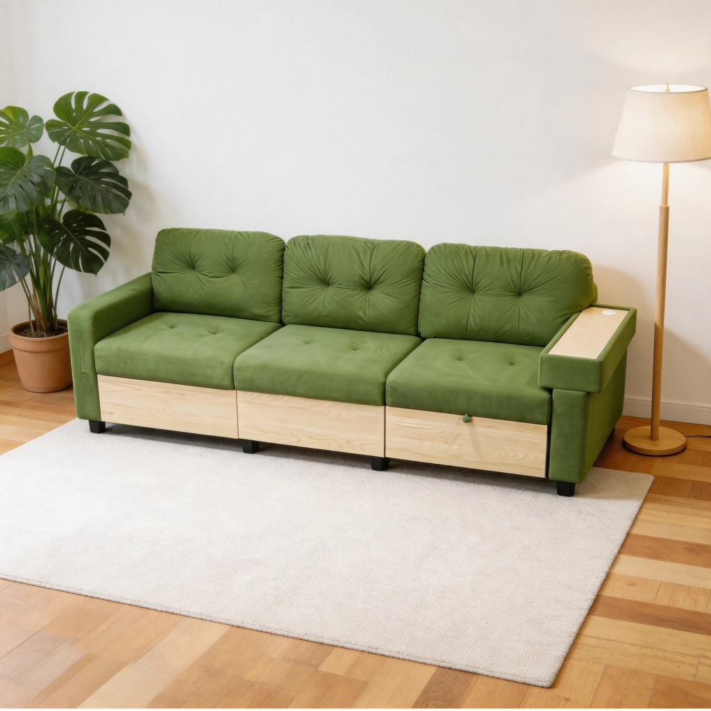 Divano Angolare 3 Posti con Penisola Estraibile ¨C MINIMAL ¨C Velluto Verde, Contenitore, Braccioli in Legno