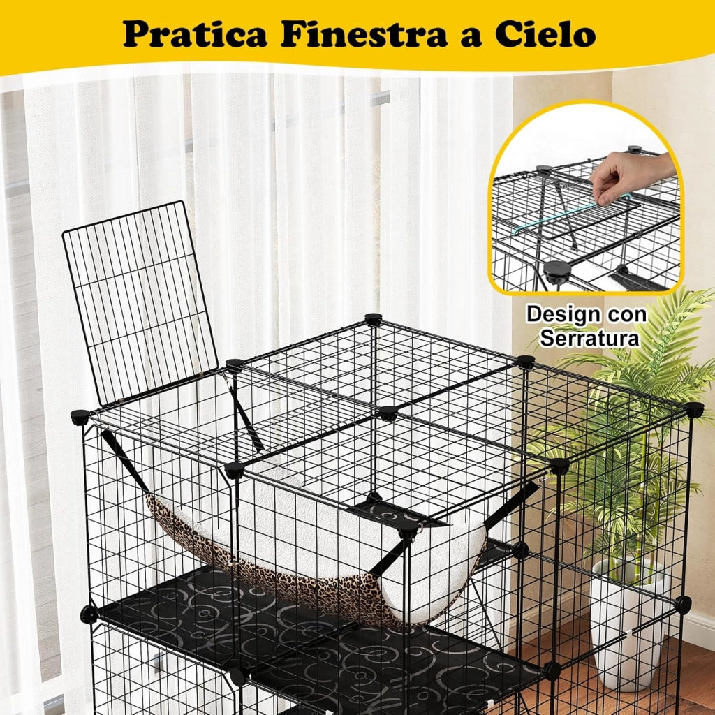 Gabbia per Gatti a 3 Piani in Metallo e PP, Torre per Animali con Amaca Comoda, Scale, Porte e Finestra, Recinto in Filo Metallico per Furetti, Conigli e Cani (74 x 74 x 107,5 cm)