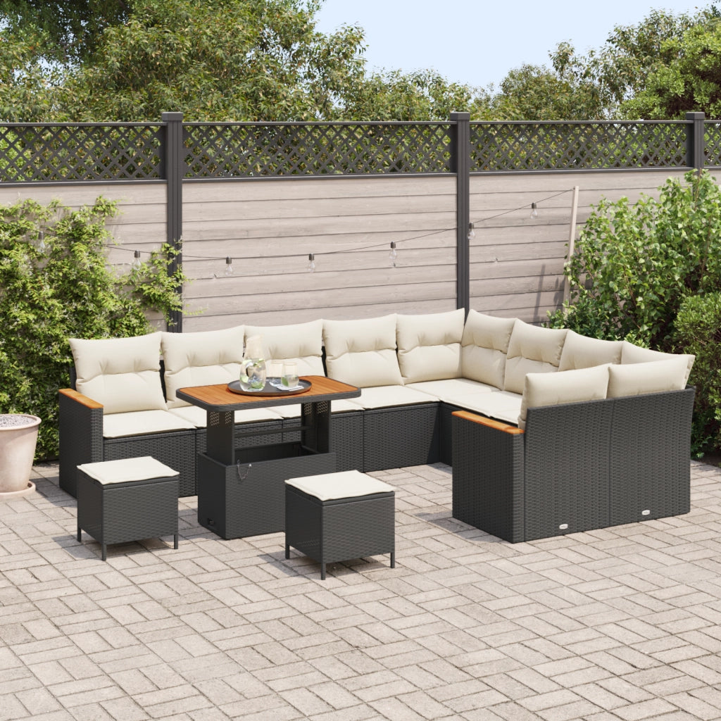 Set divano da giardino da 12 pezzi con cuscini Nero Rattan in poli Acacia
