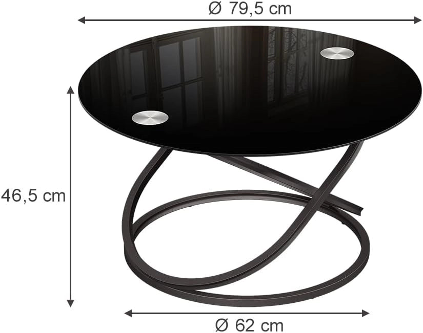 Tavolino da caffè Calgary, Nero lucido, 79.5 x 46.5 cm con superficie in vetro, da utilizzare come piano di appoggio o di lavoro nella zona giorno