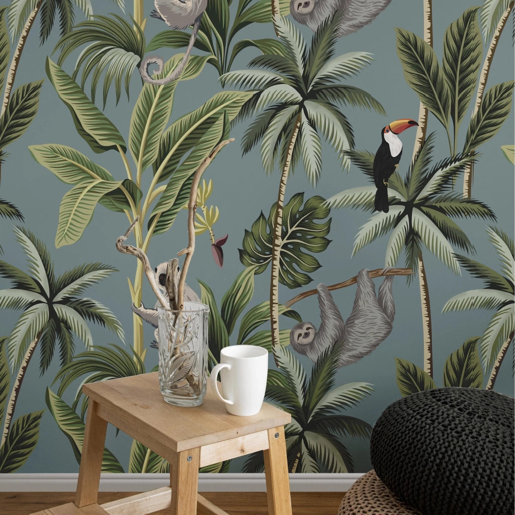 Carta da Parati Jungla Tropicale Grigia Carta Vegana 250x200cm 5,5mq 