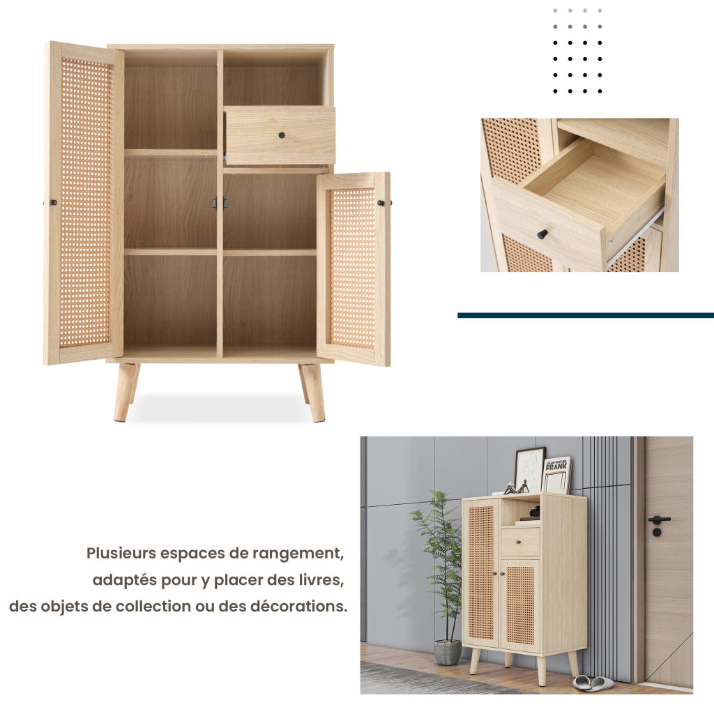 Credenza con 2 Ante in Rattan e 1 Cassetto; Vano a Giorno; Stile Naturale; in Pannello Truciolare; Rovere; 60¡Á40¡Á101 cm