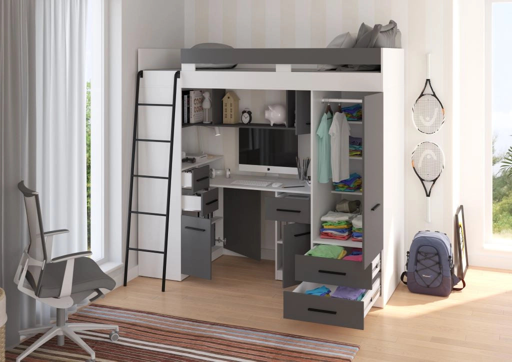 BIM Furniture letto soppalco con scrivania SMYK L cm110x204x188h Bianco Grafite