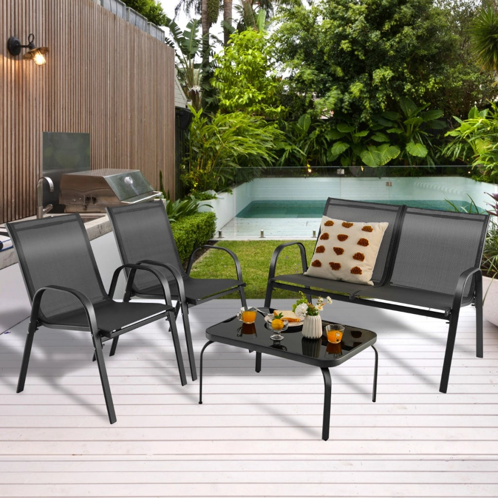 Set di mobili per esterni con tavolino in vetro temperato, Set di mobili 4 pezzi per giardino piscina Grigio-Set mobili da esterno