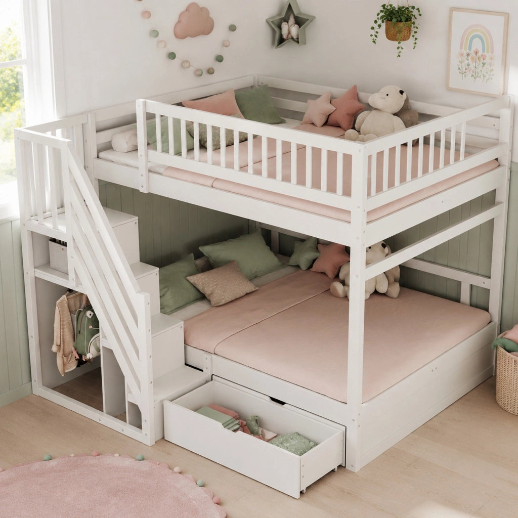 Letto a castello in legno massello 140x200 cm con scala contenitore e cassetti; bianco