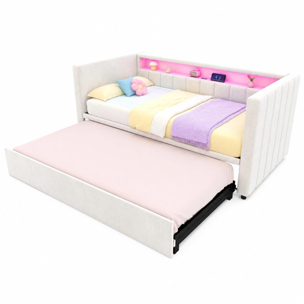 Divano letto estraibile 90x190 cm beige in velluto con LED