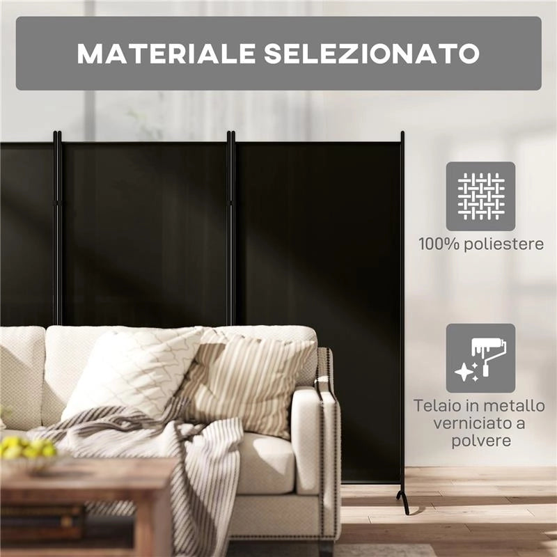 PARAVENTO SEPARÈ DA INTERNO A 3 PANNELLI PIEGHEVOLE IN METALLO E POLIESTERE, 253X50X182 CM, NERO