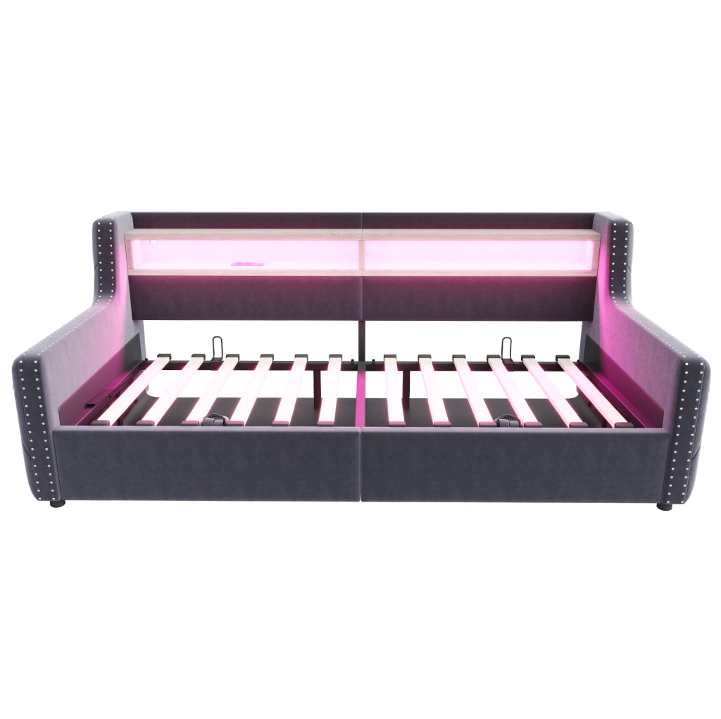Divano letto 90x200 cm con contenitore, LED, USB e USB-C in velluto grigio