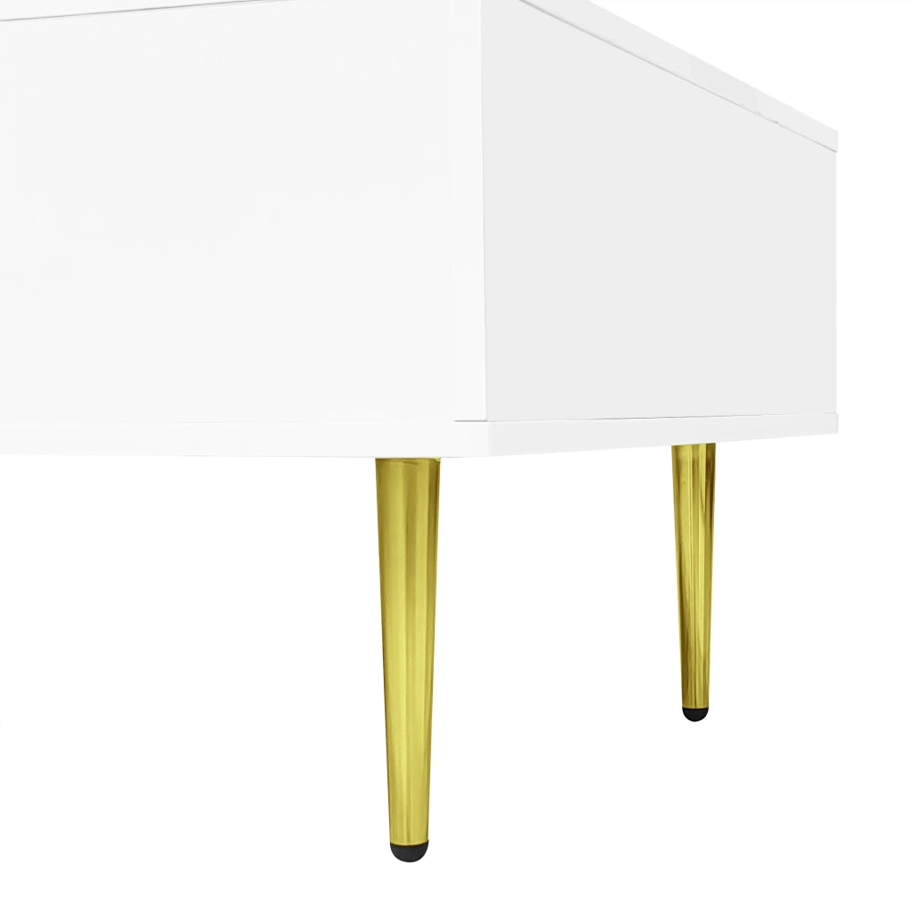 Tavolino da salotto con 2 Cassetti; Bianco Lucido con Dettagli in Metallo Dorato; Stile Moderno; in MDF; 100×60×41;5 cm