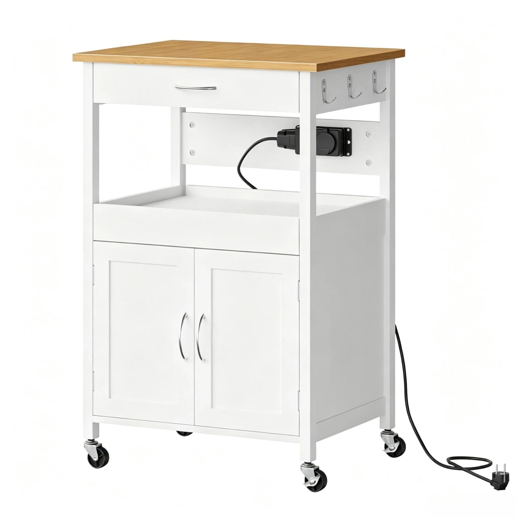 Carrello da cucina con prese, cassetto e armadietto bianco