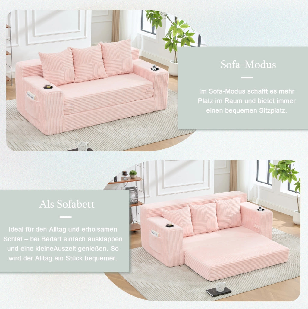 Divano modulare a 2 posti in velluto a coste rosa; 172 x 87 x 64 cm; con porta bicchieri e tasche laterali