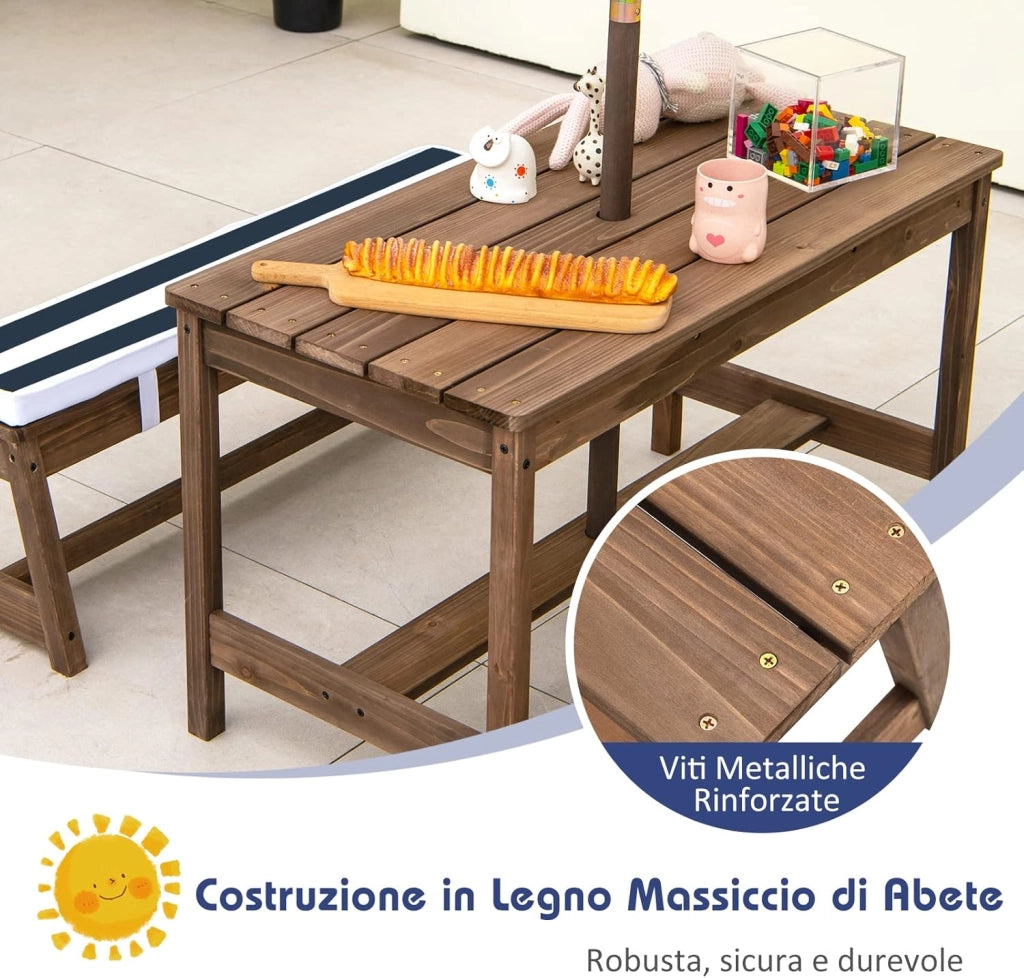 Tavolo da Picnic per Bambini con Parasole Pieghevole, Set di Tavolo e Panca in Legno con Cuscini, per Giardino, Cortile, Patio (Blu)