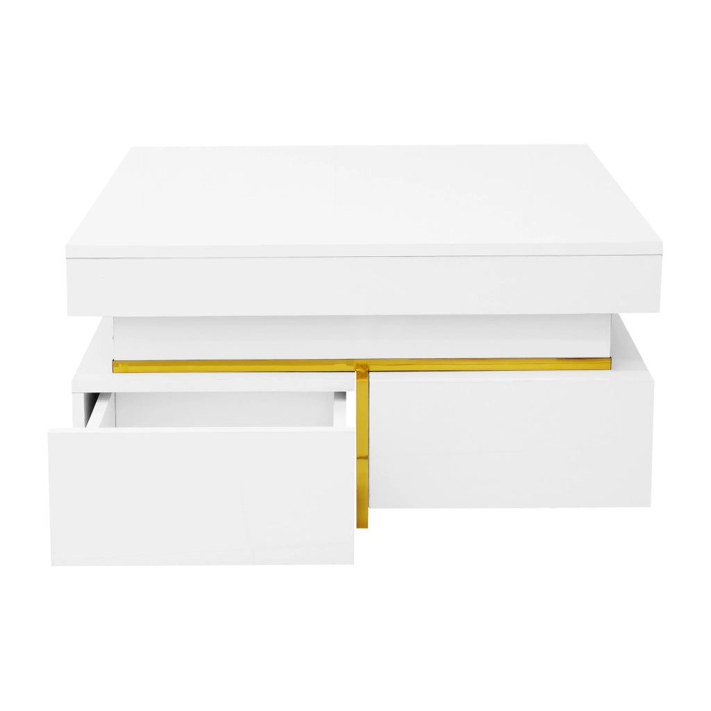 TAVOLINO DA SALOTTO 70x70x35,5 cm Bianco Lucido con 2 cassetti e dettagli oro