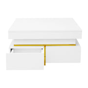 TAVOLINO DA SALOTTO 70x70x35,5 cm Bianco Lucido con 2 cassetti e dettagli oro