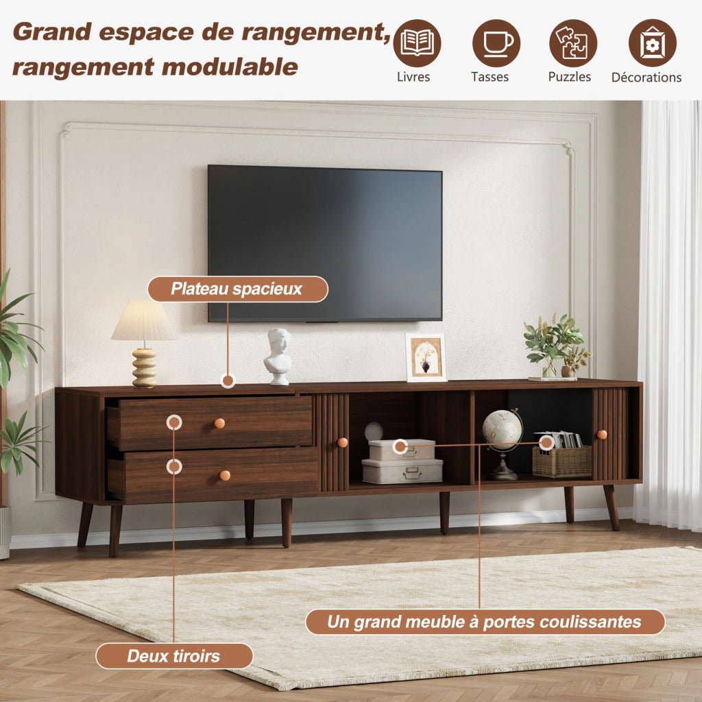Mobile porta TV con 2 cassetti, 2 ante scorrevoli e 8 piedi, per soggiorno, in MDF, noce, 180 × 40 × 46,5 cm