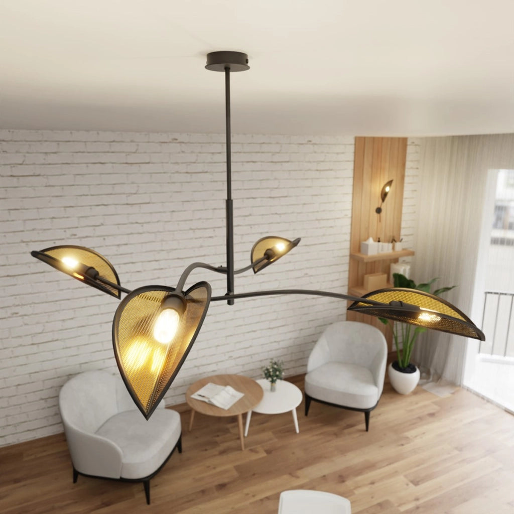 Lampada a sospensione Lotus in acciaio nero e oro