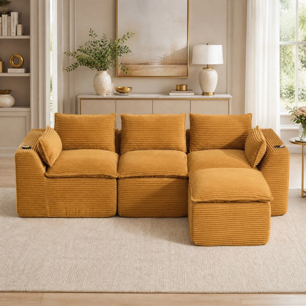 Divano modulare 256x161x75 cm con pouf e tasche laterali in velluto a coste arancione