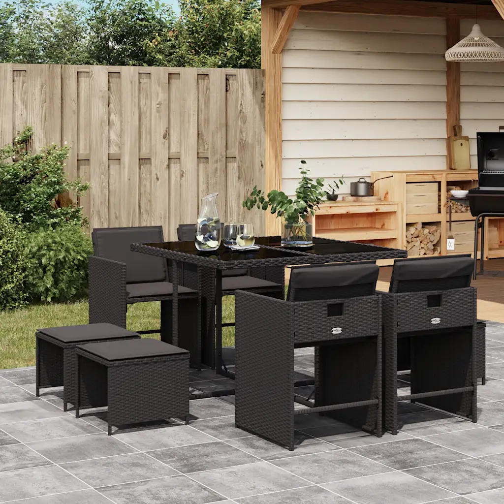Set da Pranzo da Giardino 9 pz | Set Salotto da Giardino con Cuscini Nero in Polyrattan