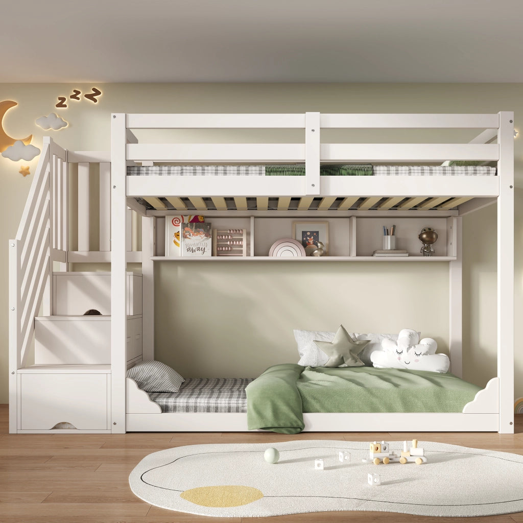 DESMIU Letto a castello bambino 90 × 200 cm 2 posti con scala contenitore e ripiani, senza materasso, in legno, bianco