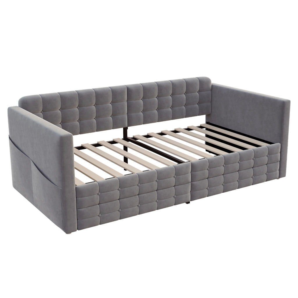 Letto imbottito 90x190 cm grigio con contenitore, tasche laterali, 2 cassetti e rete a doghe