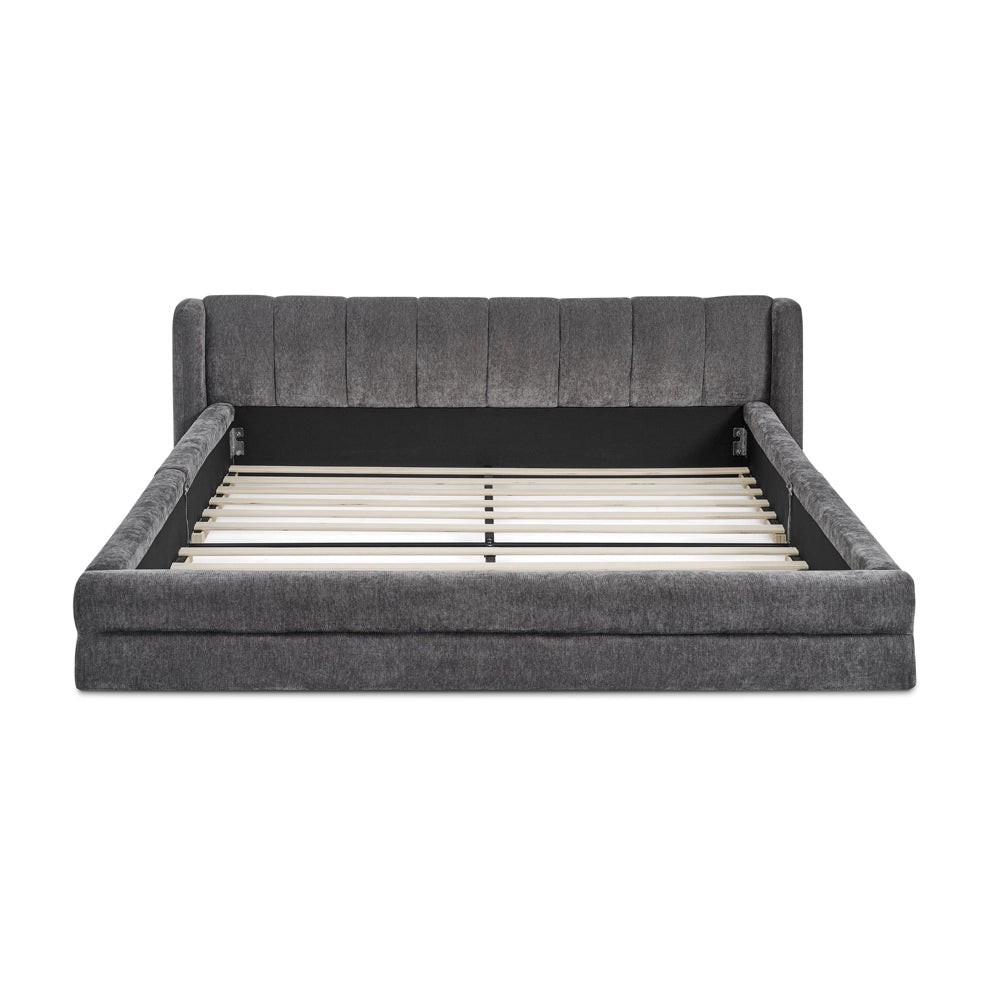 Letto Matrimoniale 140x200cm - Xylo - Testiera Chenille e Struttura Eucalipto/Ferro Grigio Scuro
