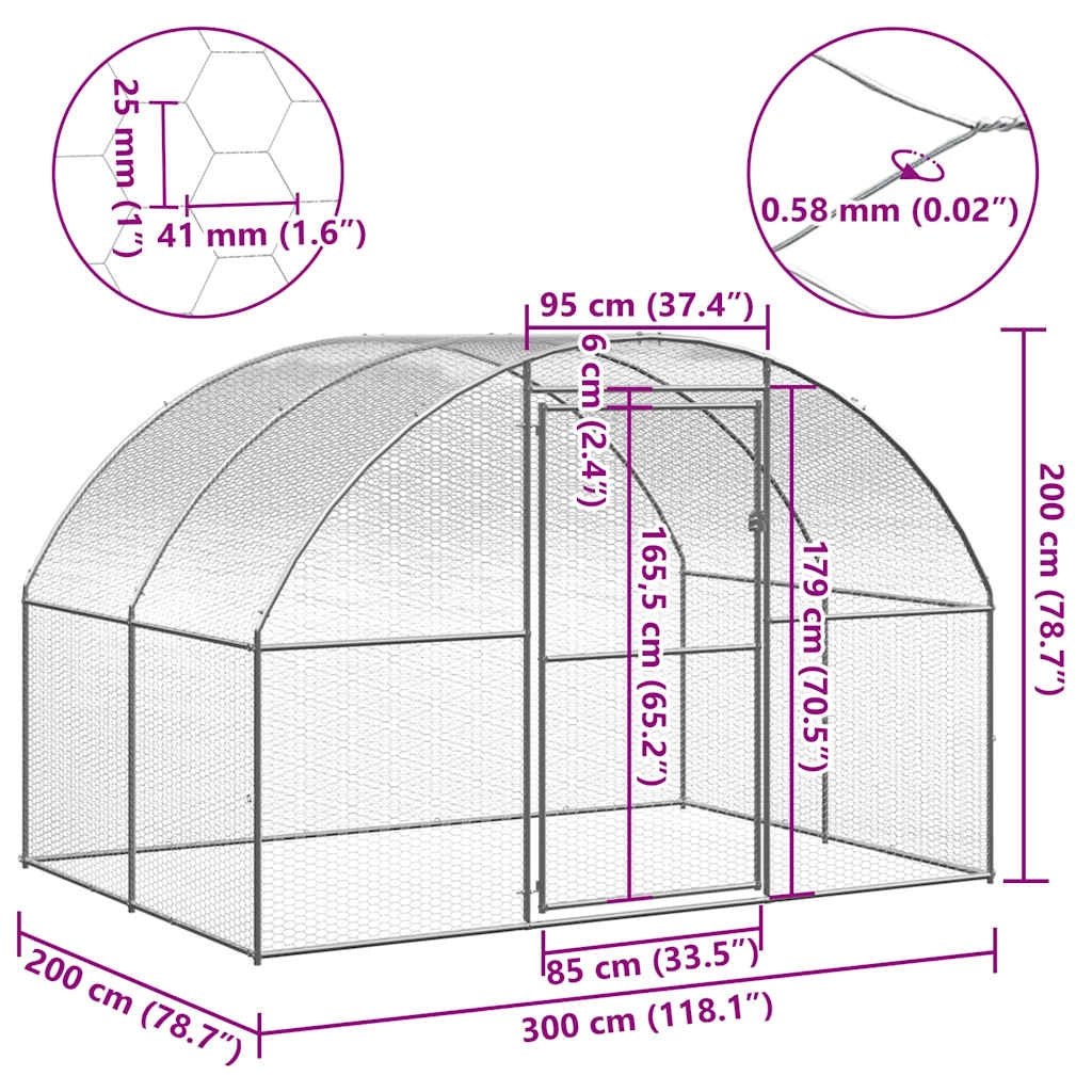 Pollaio/recinto/gabbia per polli da esterno 3 x 2 x 2 m acciaio zincato argento 02_0044005