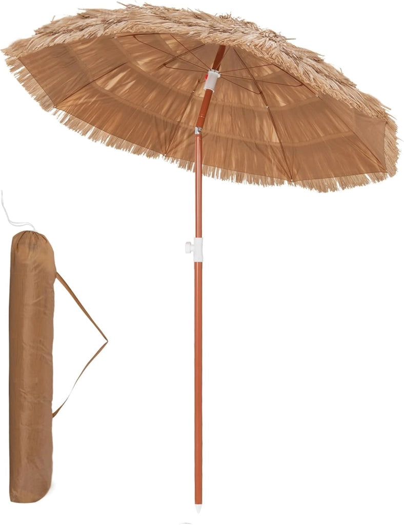 Ombrellone da Spiaggia 175 cm, Ombrelloe di Paglia PP con Borsa, Parasole Hawaiano con Inclinazione Regolabile, con Base, per Spiaggia Giardino Piscina (175 cm con Base)